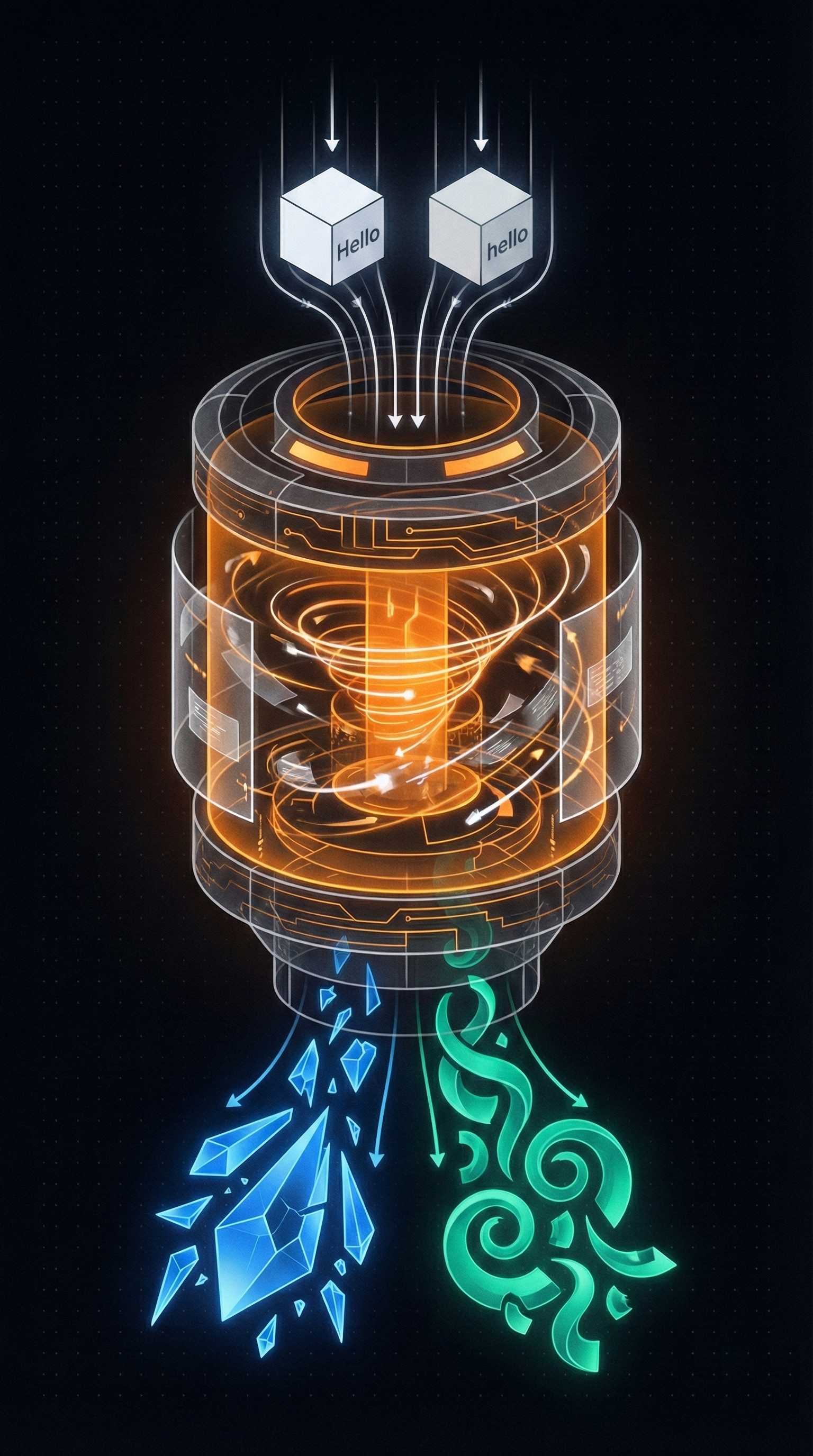 Visual metaphor showing inputs going into a digital blender and producing completely scrambled output
