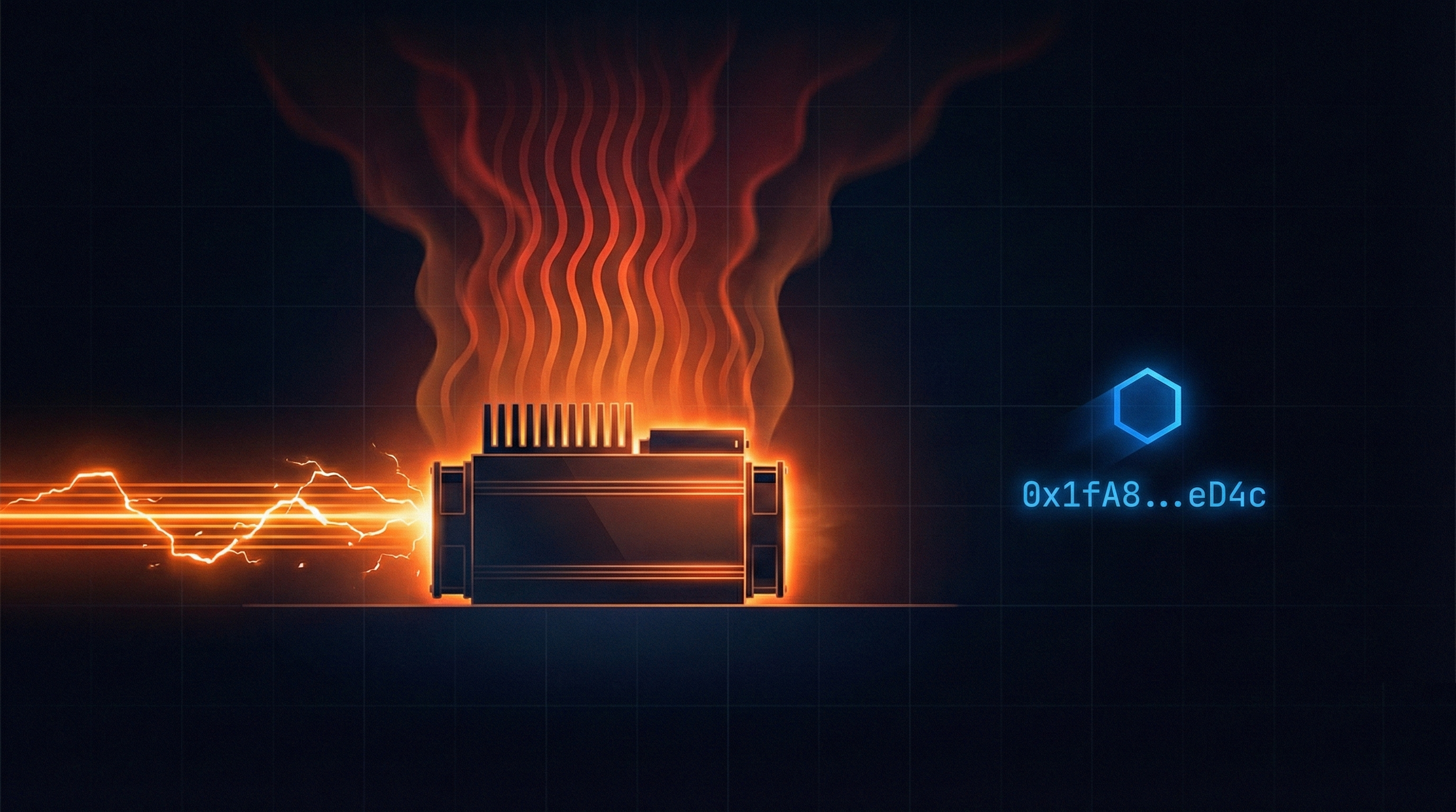 Diagram showing electricity flowing into a mining rig, heat dissipating outward, and only a hash remaining as proof